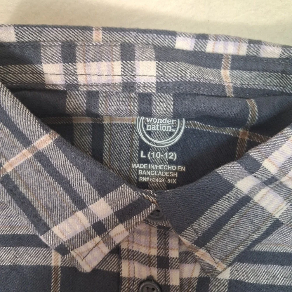 Wonder Nation Flannel Top Boys Size L 10-12 Slate Grey Plaid Button Down Shirt